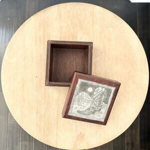 Small Square Cherry Brown Wooden Trinket Box Cowboy Boot Desert Scene Metal Top